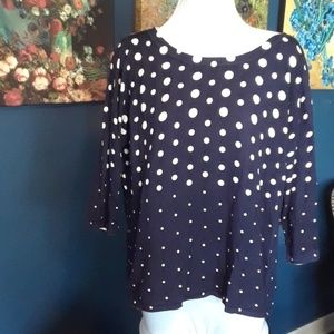 Navy & White Polka Dot knit blouse Large